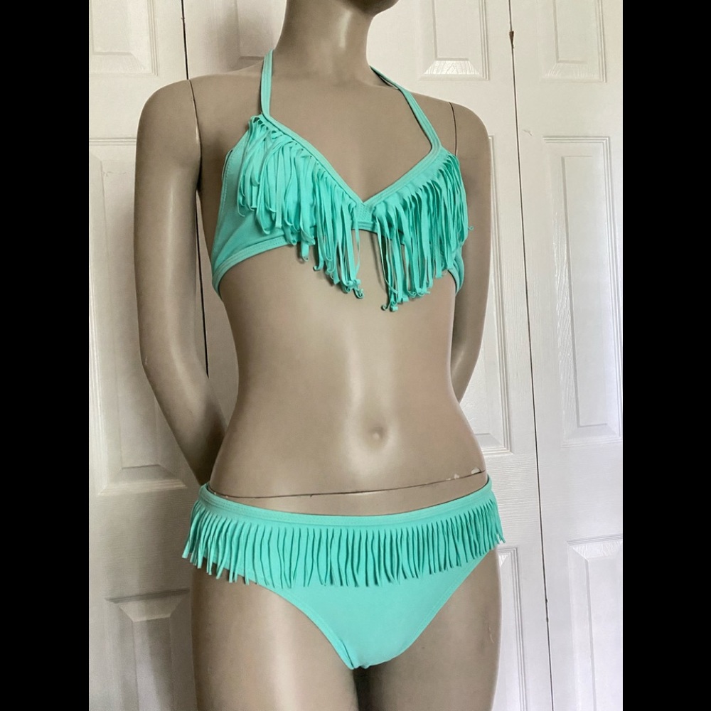 Malibu Dream Girl Teal Fringe Bikini Set Girls 12 bottom size14